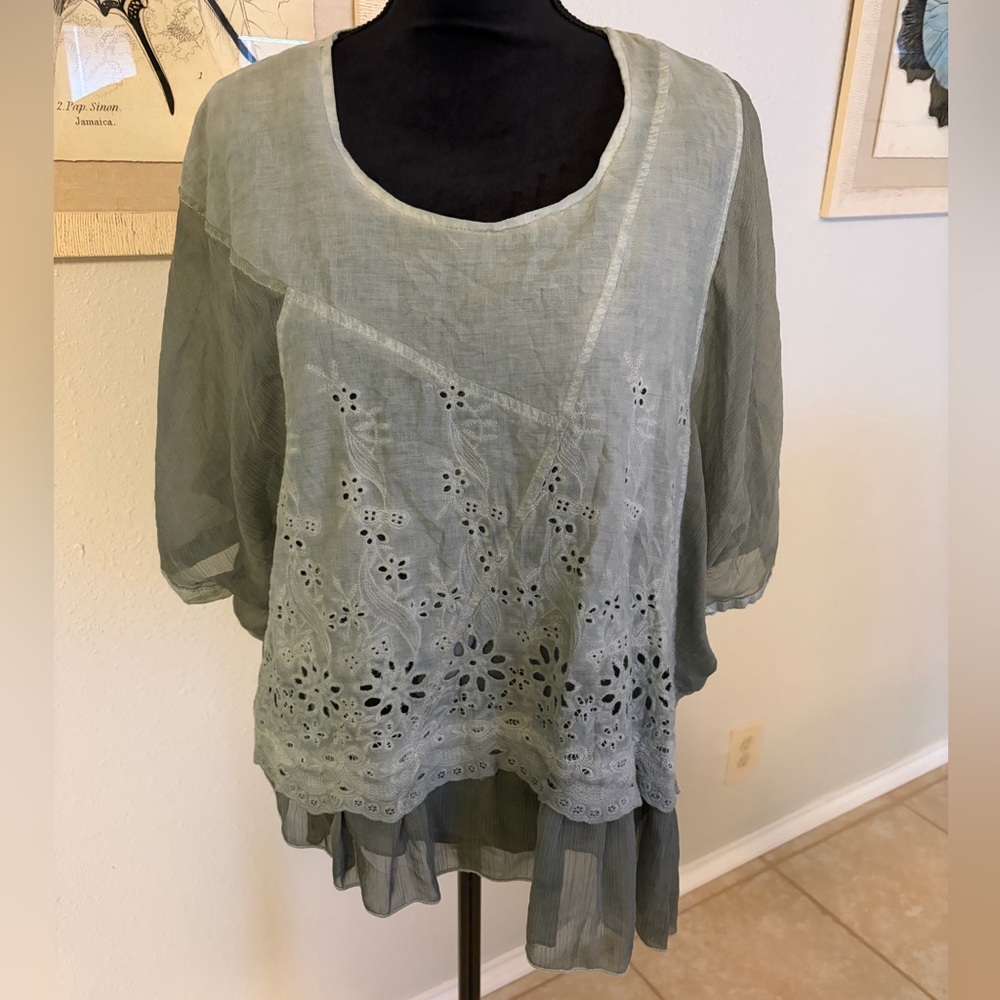 Pretty Angel Sage Green Blouse with Floral Cut-Outs Size Large